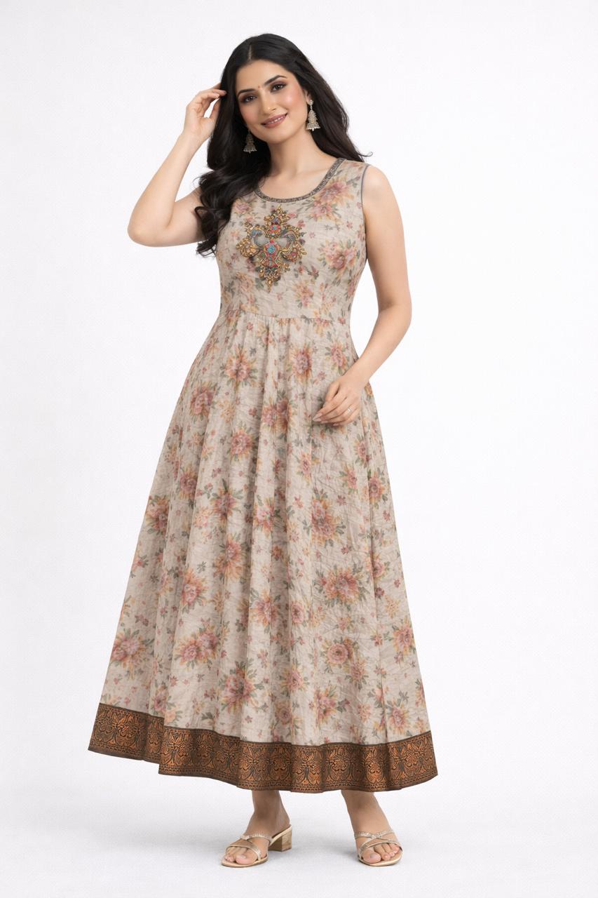 Vintage Bloom Kurti Top – Beige with Floral Charm - M , L , XL & XXL Sizes Available