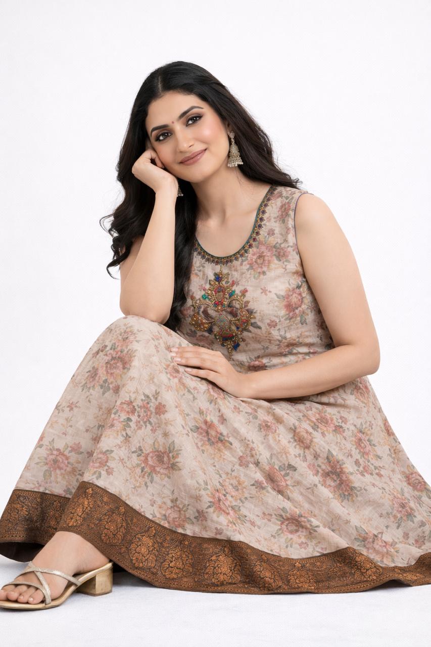 Vintage Bloom Kurti Top – Beige with Floral Charm - M , L , XL & XXL Sizes Available
