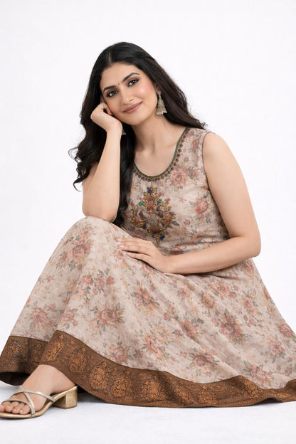 Vintage Bloom Kurti Top – Beige with Floral Charm - M , L , XL & XXL Sizes Available