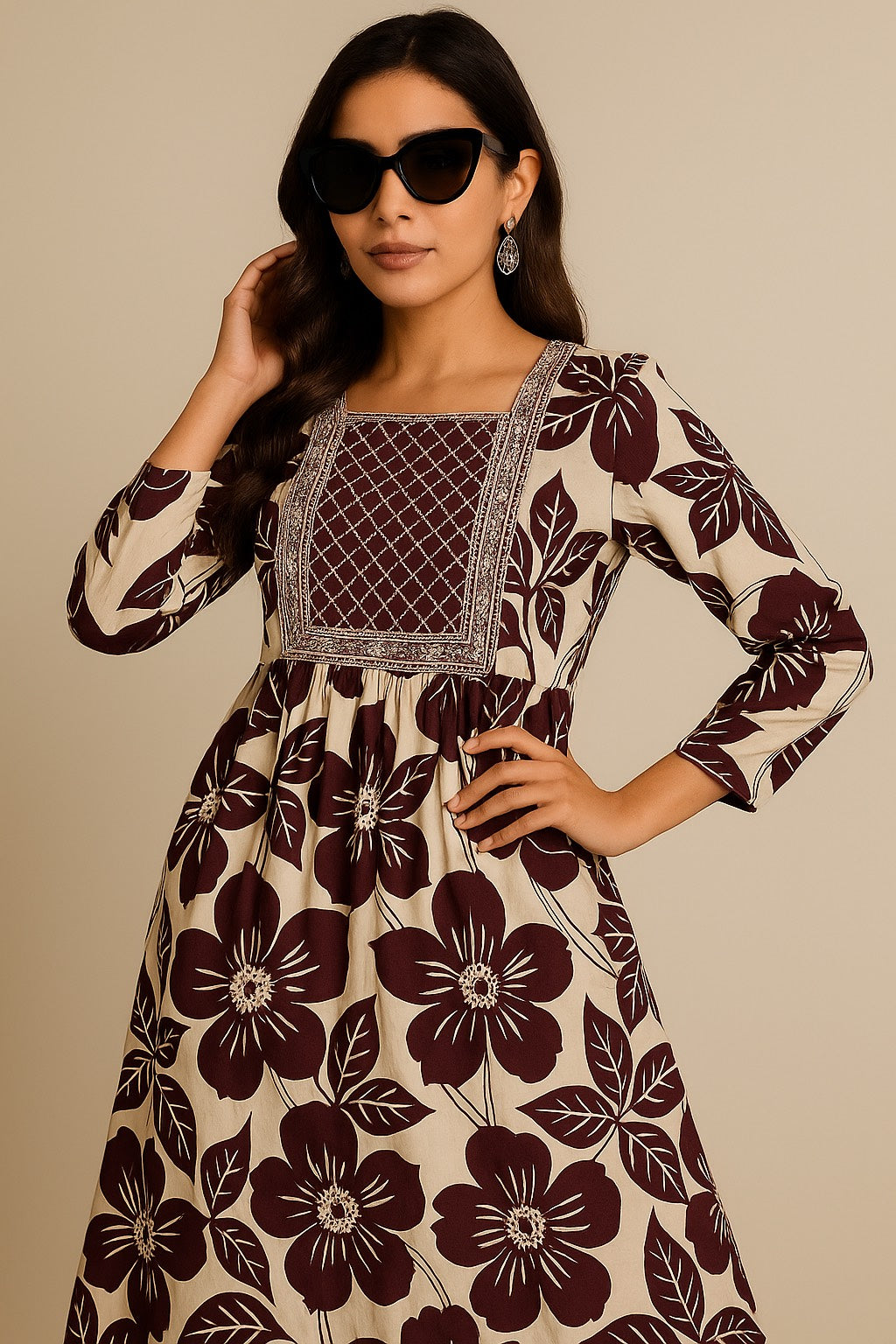 White Kurti with Purple Floral Print & Embroidered Neckline – Elegant Everyday Wear