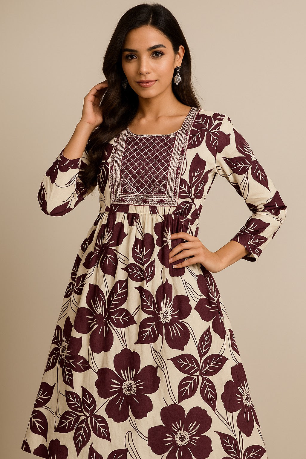White Kurti with Purple Floral Print & Embroidered Neckline – Elegant Everyday Wear