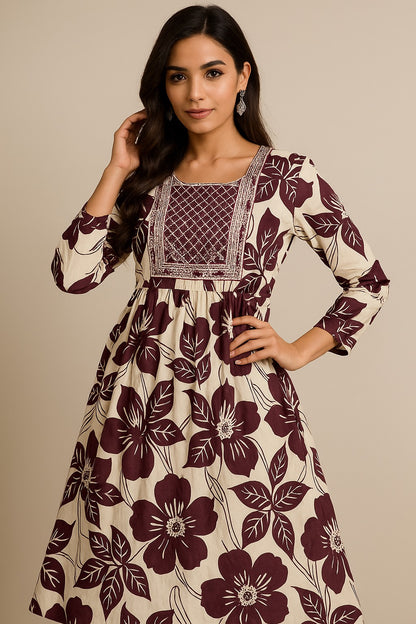 White Kurti with Purple Floral Print & Embroidered Neckline – Elegant Everyday Wear