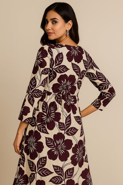 White Kurti with Purple Floral Print & Embroidered Neckline – Elegant Everyday Wear