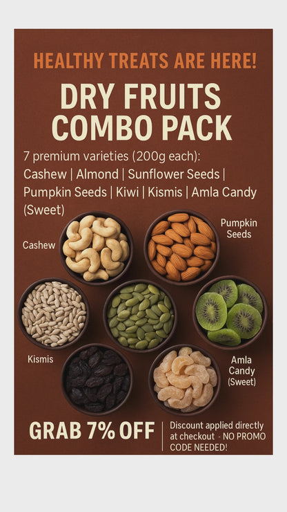 Dry Fruit Combo Pack 1  of 200g Each (Cashew, Almonds , Amla Candy Sweet, Sunflower Seeds, Pumpkin Seeds, Kiwi, Kismis